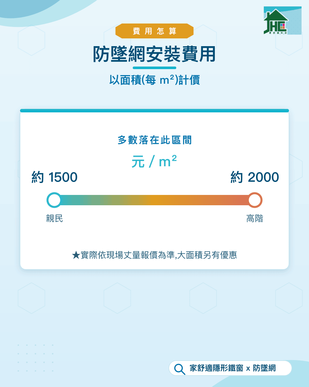 防墜網安裝費用：以面積每平方公尺計價，多數落在區間內