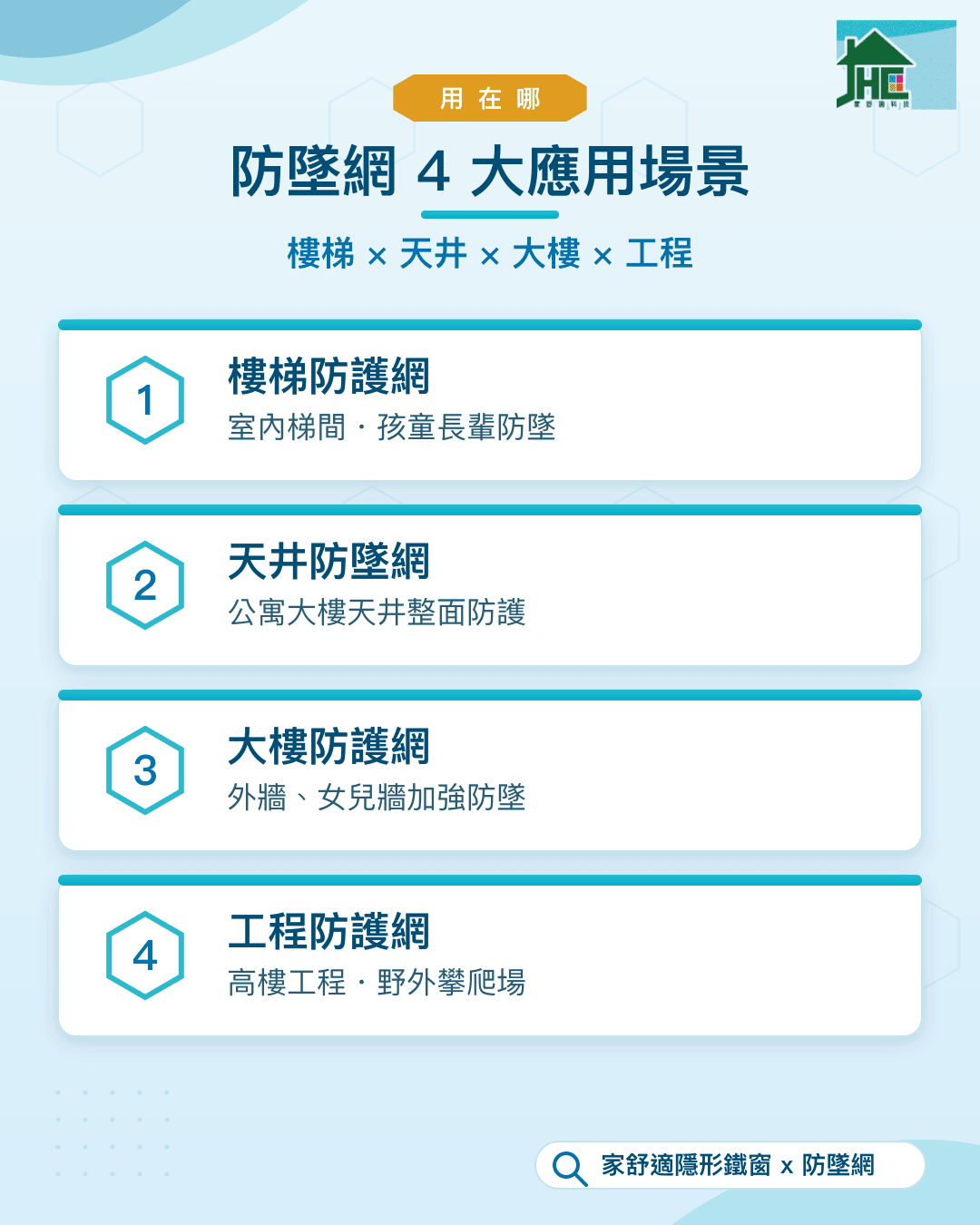 防墜網4大應用場景：樓梯防護網、天井防墜網、大樓防護網、工程防護網