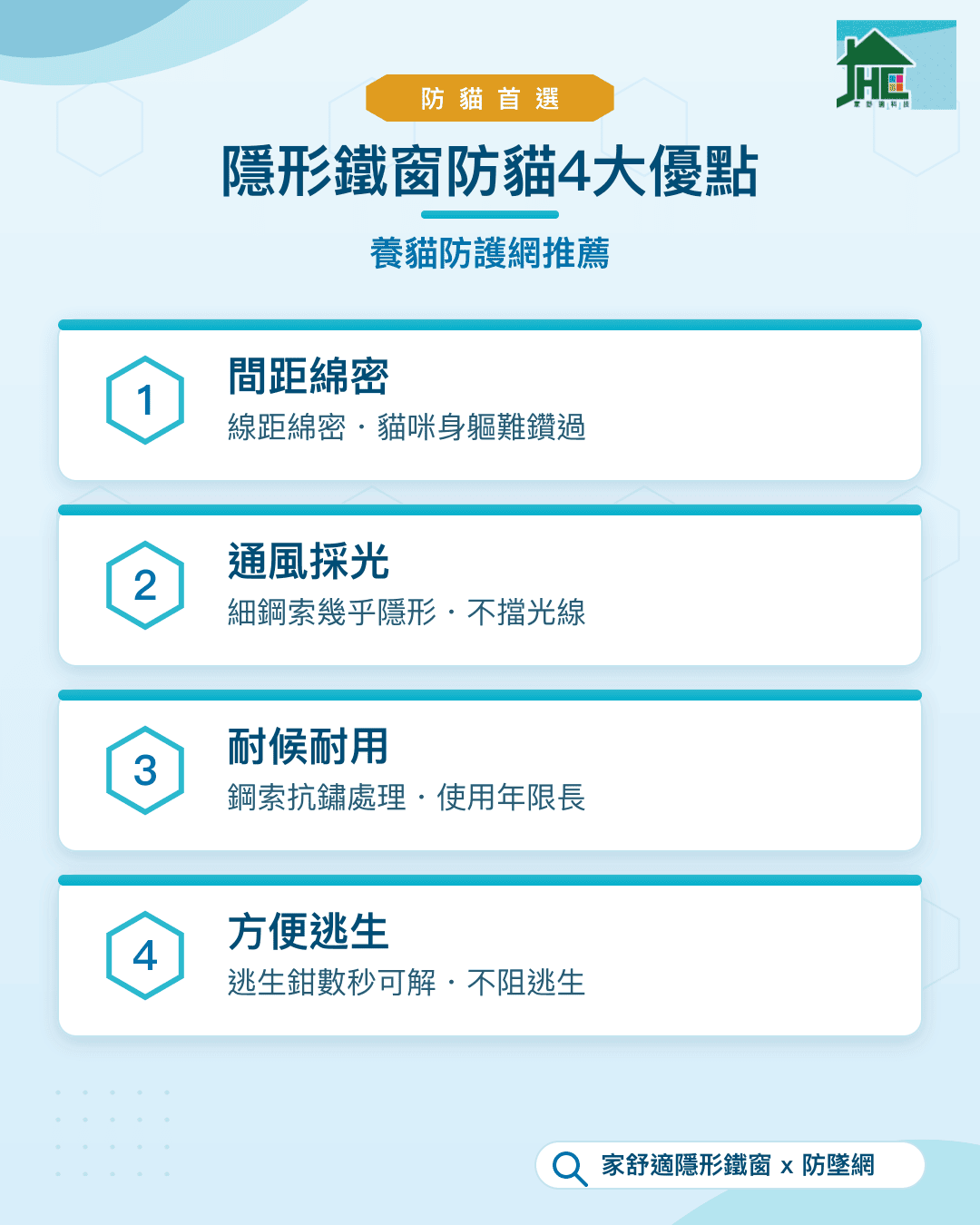 隱形鐵窗防貓4大優點：間距綿密、通風採光、耐候耐用、方便逃生