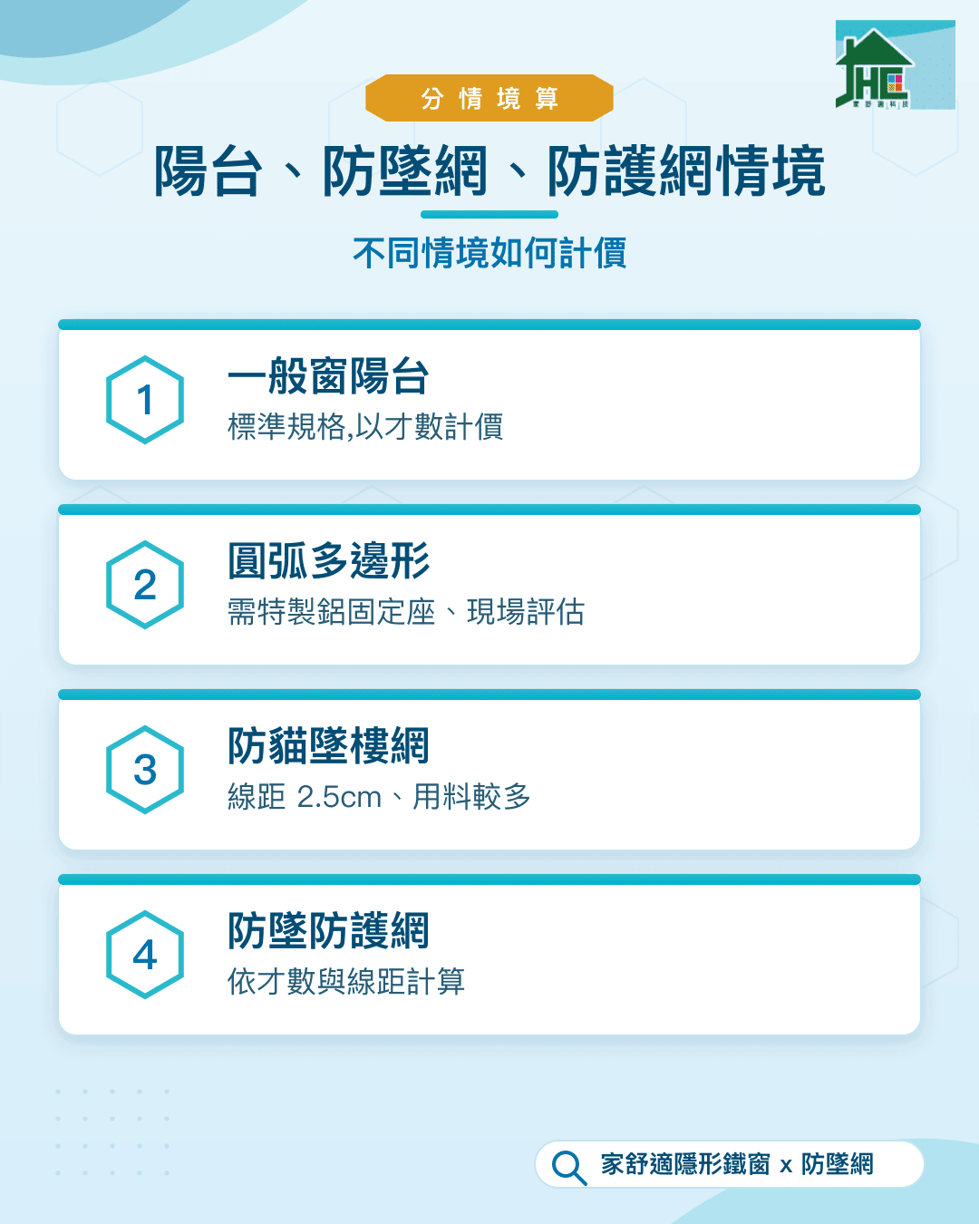 陽台隱形鐵窗、防墜網、防護網安裝價格怎麼算？一般陽台、圓弧造型、防貓墜樓網、防墜防護網四情境