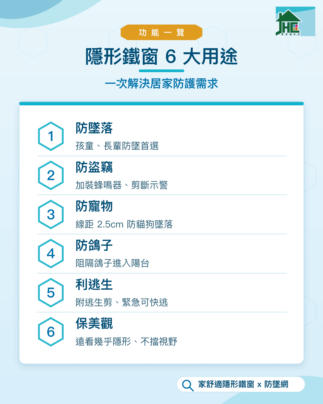 隱形鐵窗6大用途：防墜落、防盜竊、防寵物、防鴿子、利逃生、保美觀