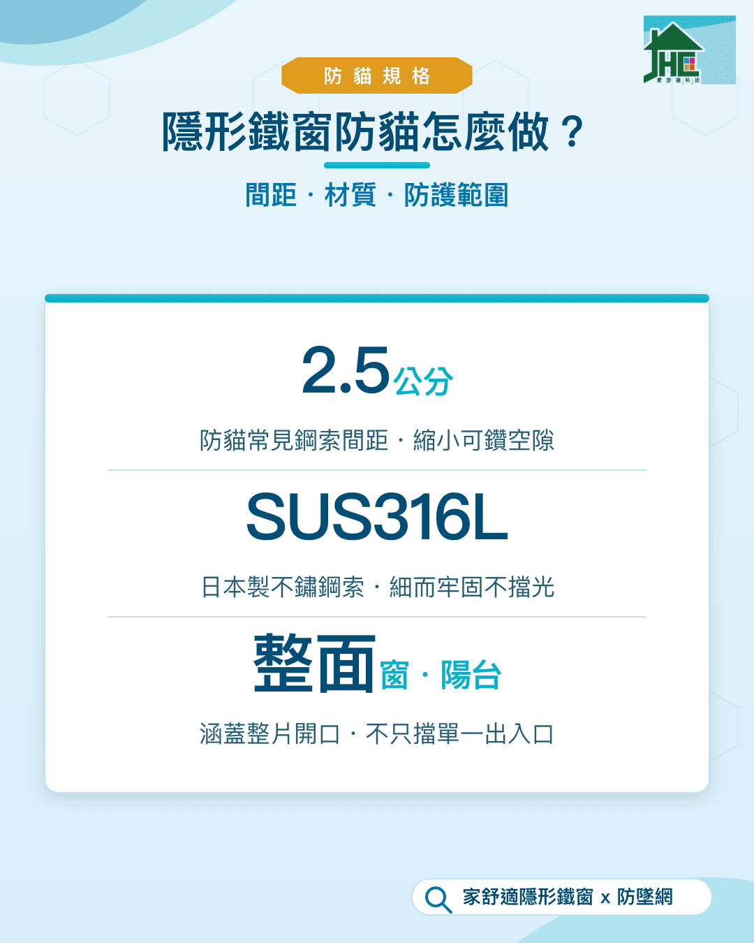 隱形鐵窗防貓規格：2.5 公分鋼索間距、日本製 SUS316L 不鏽鋼索、整面窗與陽台防護